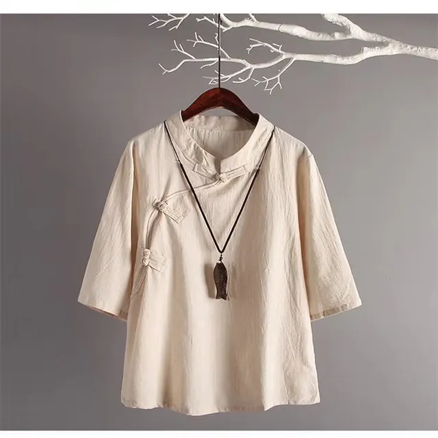 Women's Ethnic Style Art Frog Button Retro Short Sleeve T shirt Beige - Shop at LoveMi