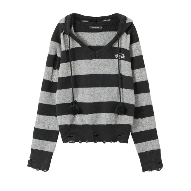 Autumn Hooded Sweater Women Contrast Stripe Thin Black - Shop at LoveMi