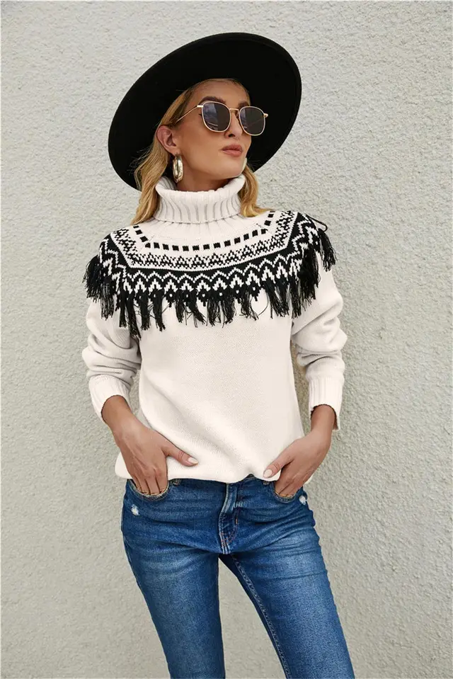 New Cross border Fashion Pullover Plus Size Ladies Tassel Knitted Sweater European And American Turtleneck Sweater Black - Shop at LoveMi