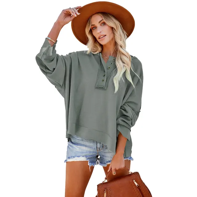 Leisure Loose Patchwork Drop shoulder Long sleeve Sweatshirt Women Winter Thicken Solid Color Hoodie Gray - Shop at LoveMi