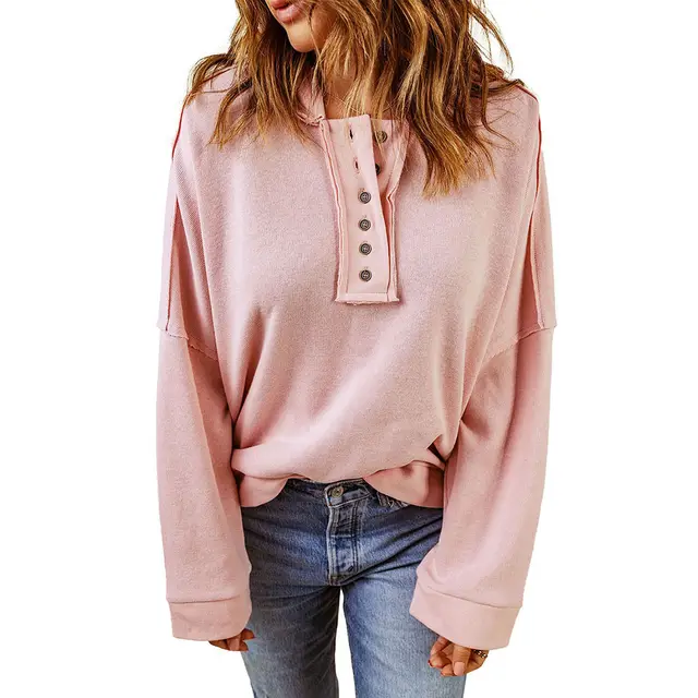 Leisure Loose Patchwork Drop shoulder Long sleeve Sweatshirt Women Winter Thicken Solid Color Hoodie Pink - Shop at LoveMi