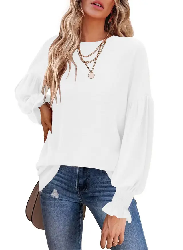 Autumn And Winter New Round Neck Pleated Lantern Sleeve Women's Long European And American T shirt White - Shop at LoveMi