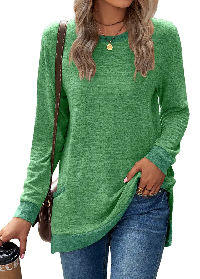 Round Neck Multicolor Pocket Long Sleeve Pullover Top Loose fitting Casual T shirt Green - Shop at LoveMi