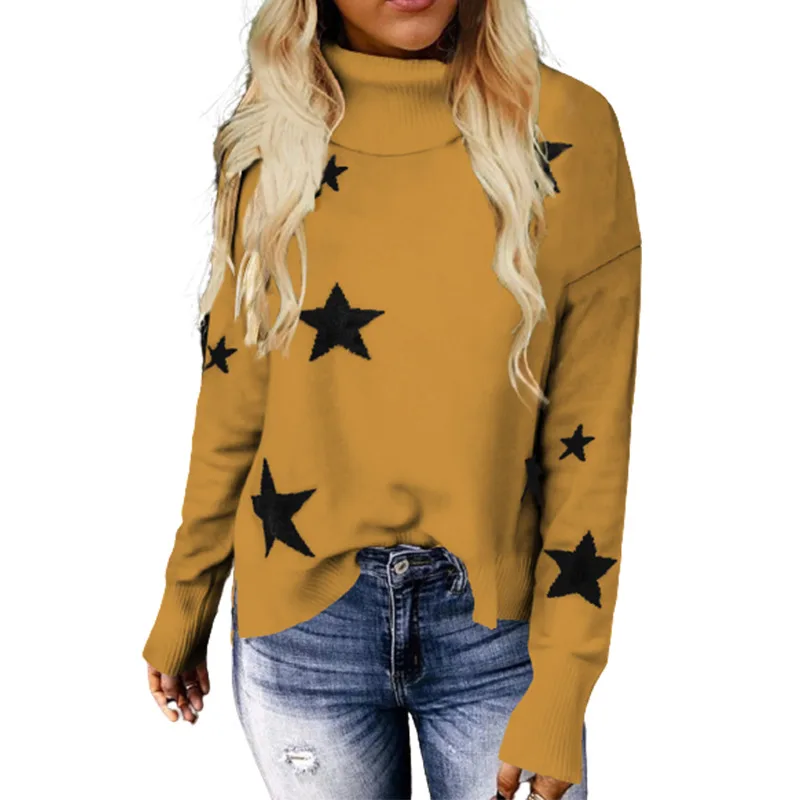 Knitted Sweater Women XINGX Pattern Turtleneck Long Sleeve Pullover Women's Sweater - Yellow