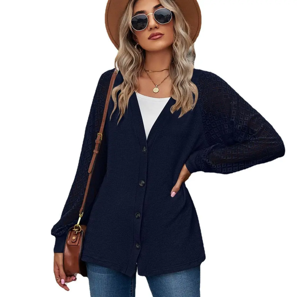 European And American Autumn And Winter Long Sleeve Solid Color Loose Button Lace Stitching Cardigan Top Women - Navy Blue