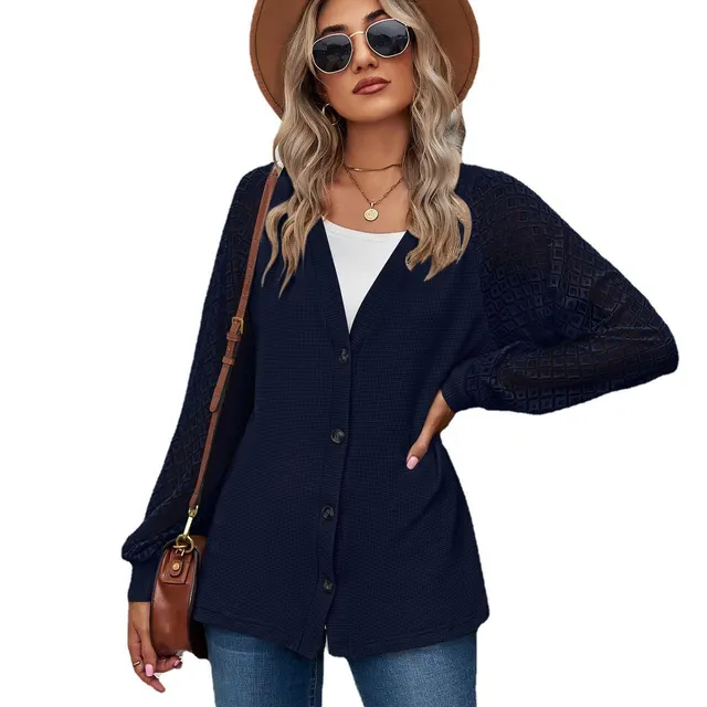 European And American Autumn And Winter Long Sleeve Solid Color Loose Button Lace Stitching Cardigan Top Women Navy Blue - Shop at LoveMi