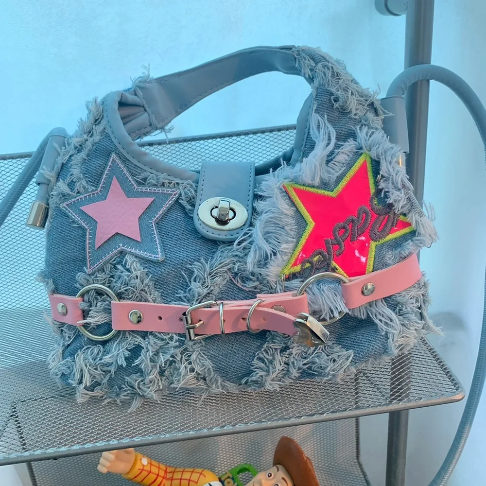 Style Five pointed Star Patch Design Burlap Denim Crossbody Bag - Shop at LoveMi