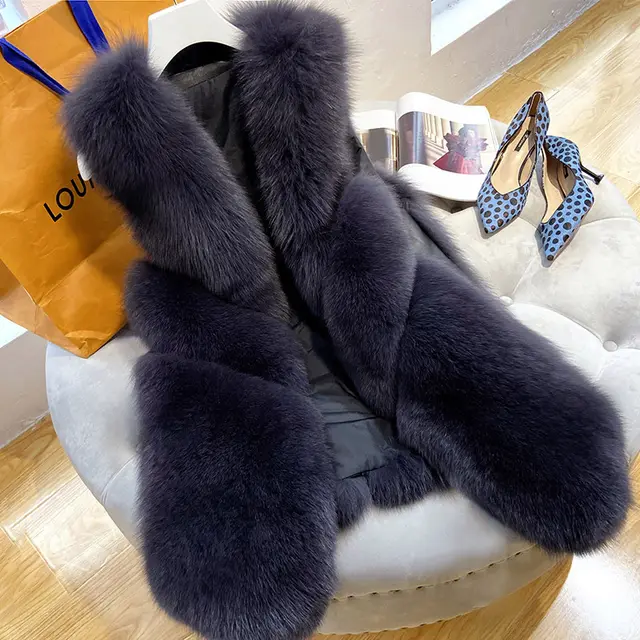 Women's Medium Long Fur Vest Coat Cyan - Shop at LoveMi