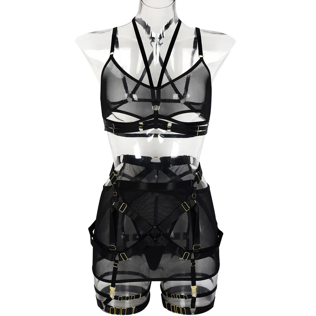 Mesh Perspective Hollow Underwear Suit - Black