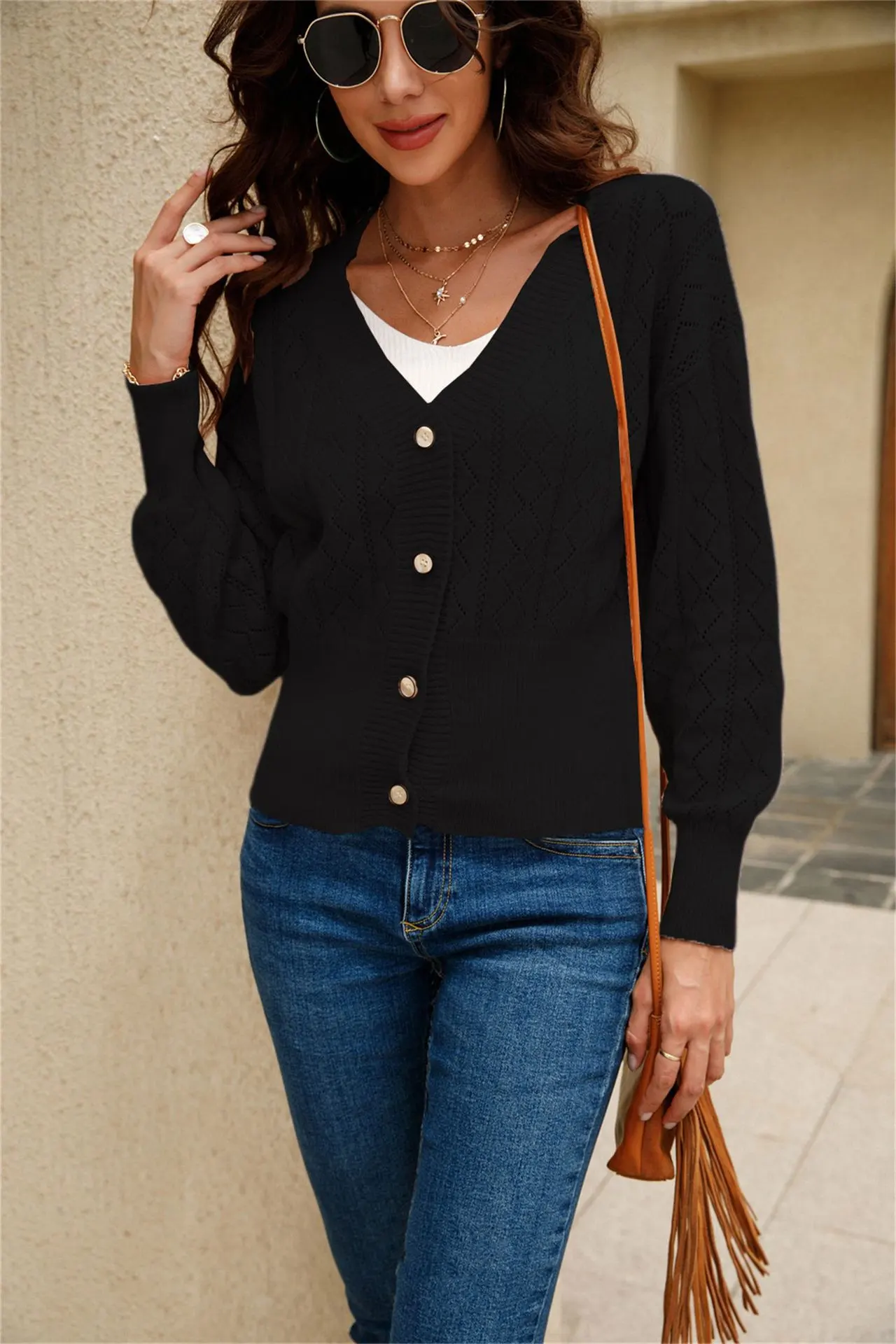 Women's All Match Button Short Hollow Cardigan - Black