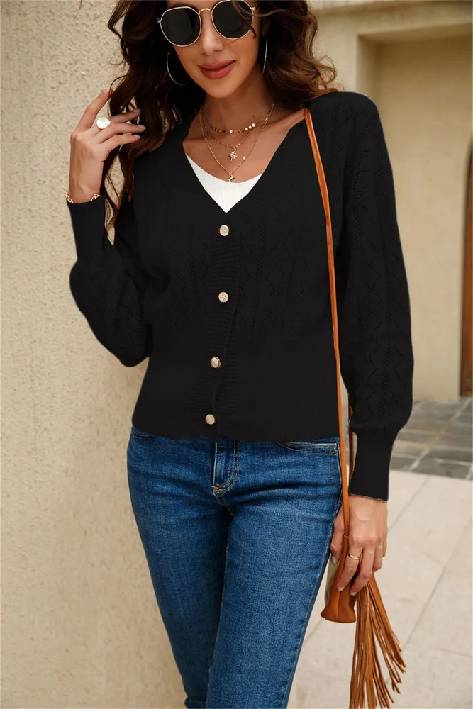 Women's All Match Button Short Hollow Cardigan - Black