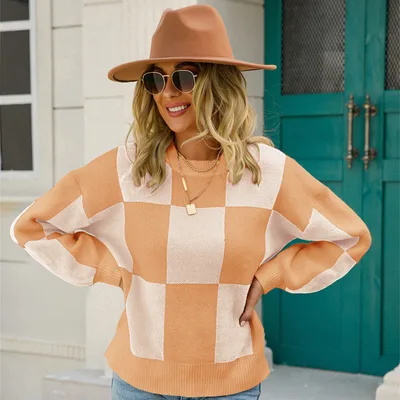 Women's Temperament Crew Neck Knitted Pullover Stripe Sweater Camel - Shop at LoveMi
