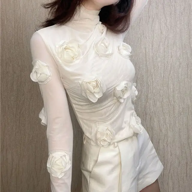 3D Design Flower Half High Collar Long Sleeve Shirt White - Shop at LoveMi