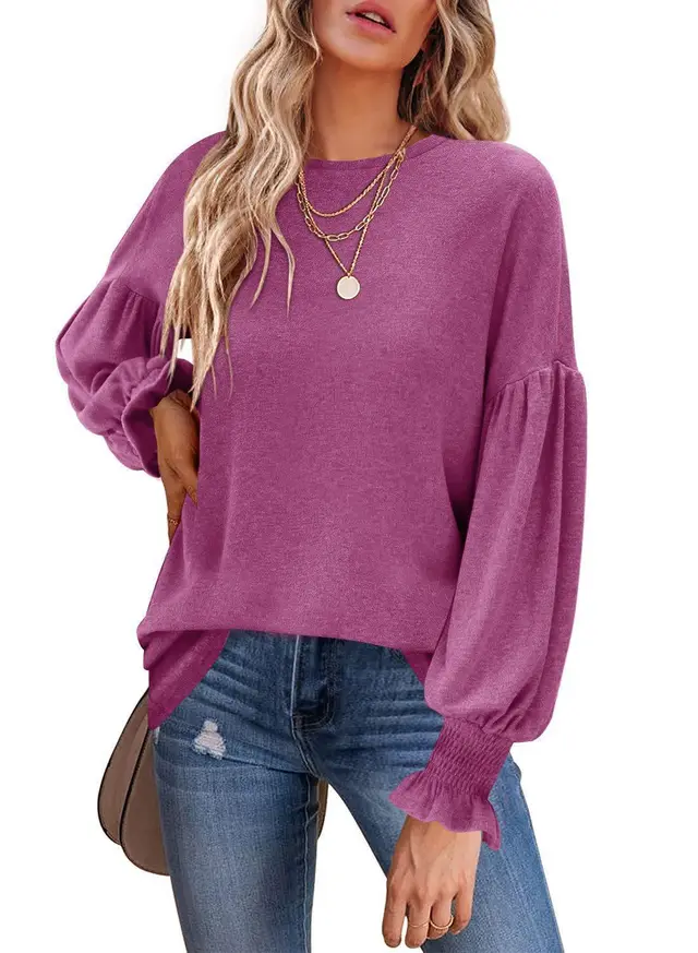 Women's Tops Round Neck Pleated Lantern Sleeve Women's Long European And American T shirt Red - Shop at LoveMi