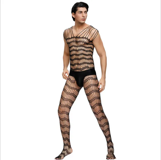 Men's Mesh Crotch Striped Multi shoulder Straps Body Socks Black - Shop at LoveMi
