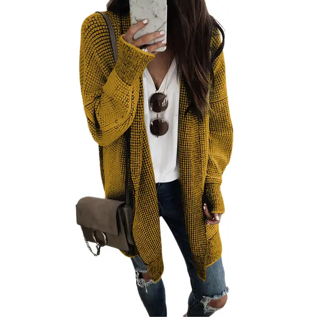 Mid length Autumn And Winter Knitted Smocking Women's Sweater Cardigan Yellow - Shop at LoveMi