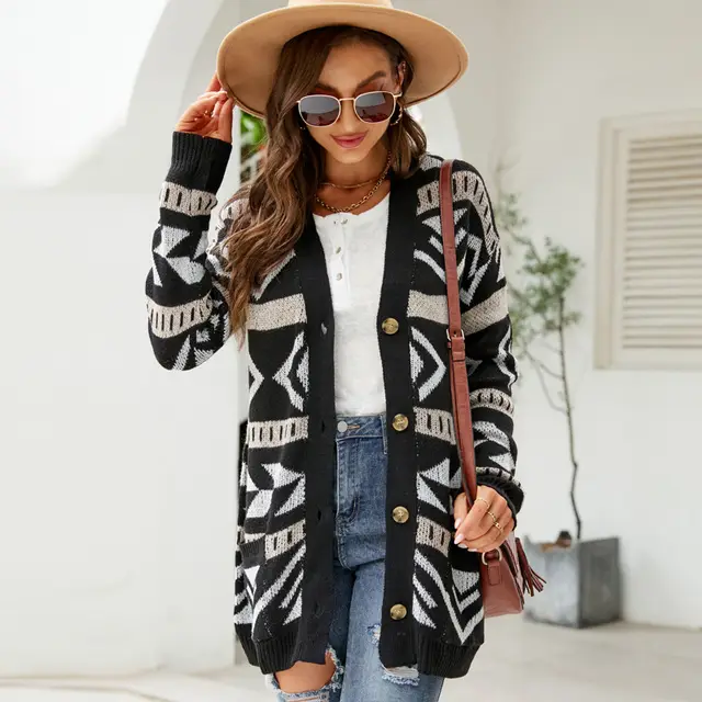 Autumn And Winter New Women's Clothing Diamond Loose Knitted Cardigan Black - Shop at LoveMi