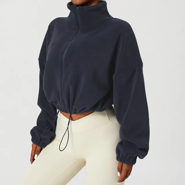 Outdoor Cashmere Sports Coat Women's Autumn Stand Collar Loose Navy Blue - Shop at LoveMi