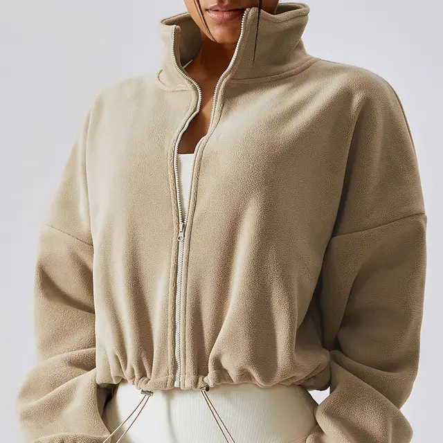 Outdoor Cashmere Sports Coat Women's Autumn Stand Collar Loose Oat Milk - Shop at LoveMi