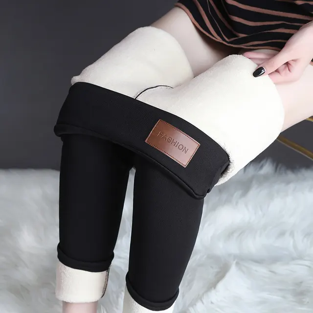 Lamb Fleece Warm Leggings Large Women's Thickened Cashmere High Waist Outwear Tight Long Pants Leather Black - Shop at LoveMi