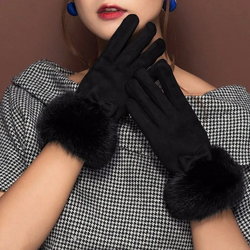 Women's Winter Cute Rabbit Hair Cycling Warm Suede Gloves - Black