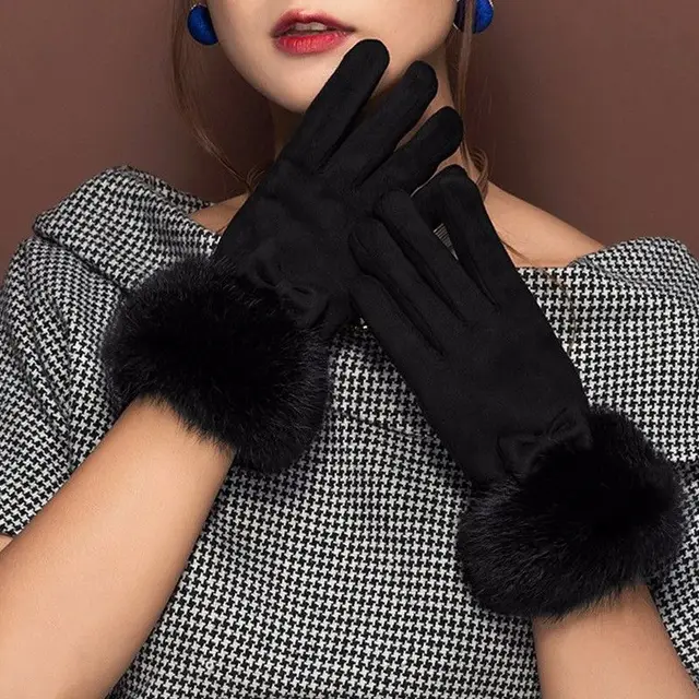 Women's Winter Cute Rabbit Hair Cycling Warm Suede Gloves Black - Shop at LoveMi