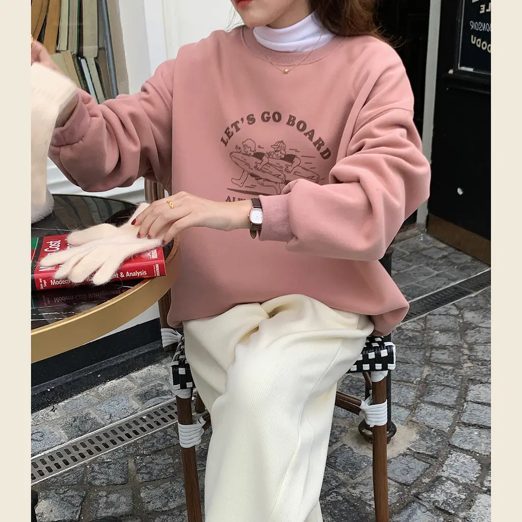 Loose Letter Printed Fleece Sweater For Women - Pink