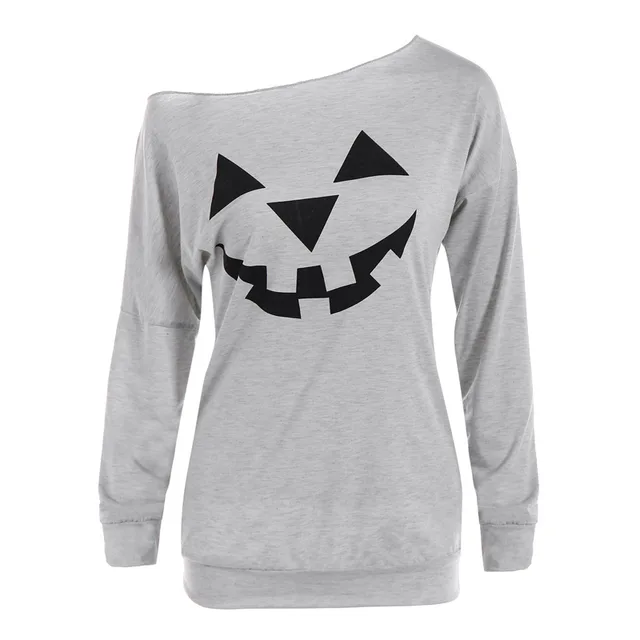 Pumpkin Floral Print Long Sleeve Pullover T shirt Top Grey - Shop at LoveMi