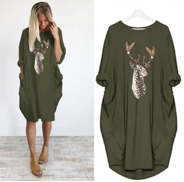 Christmas Pattern Printed Sweater Dress Round Neck Spring And Autumn Dress Army Green - Shop at LoveMi
