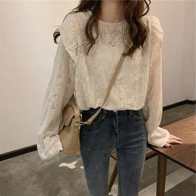 Sweet Trumpet Sleeves Embroidered Lace Blouse Blouse For Women's Wear Beige - Shop at LoveMi
