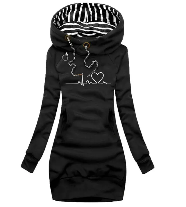 Heart Print Long Clothes Women Hoodie Sweatshirt Pullover Tops Black - Shop at LoveMi