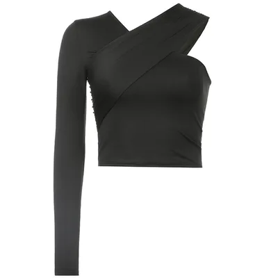 One shoulder Solid Color Top Sexy Off the shoulder V neck Waist controlled Long Sleeves Bottoming Shirt Black - Shop at LoveMi