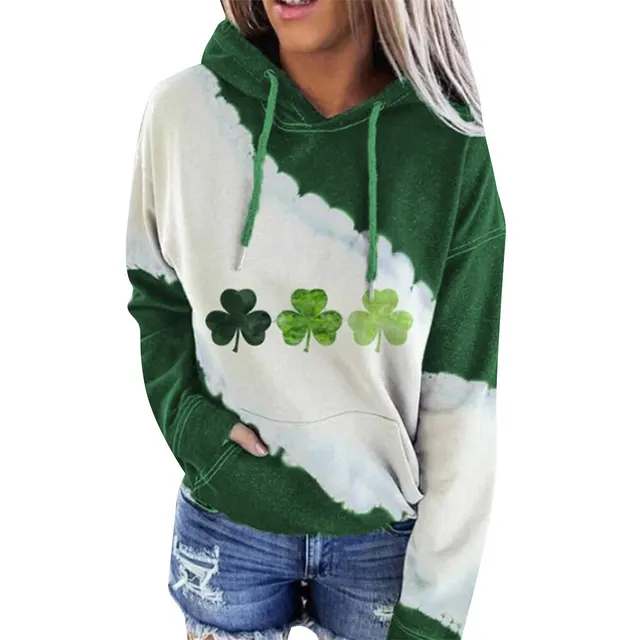 Women Sweatshirts Lucky Grass Print Streetwear Sweatshirts Hoodie Pullover Loose Casual Hooded Tops Clothes Three Pieces Of Grass - Shop at LoveMi