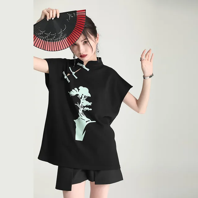 Women's Chinese style Improved Cheongsam Frog Button Printed Short sleeved T shirt Summer Black - Shop at LoveMi