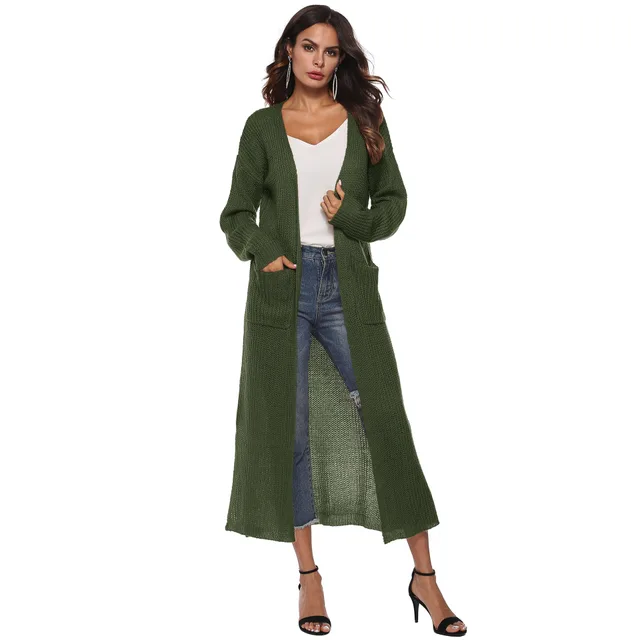 Autumn And Winter New Europe And America Cross Border Women's Long sleeved Sweater Solid Color Cardigan Dress Split Dress Female A8019 Army Green - Shop at LoveMi