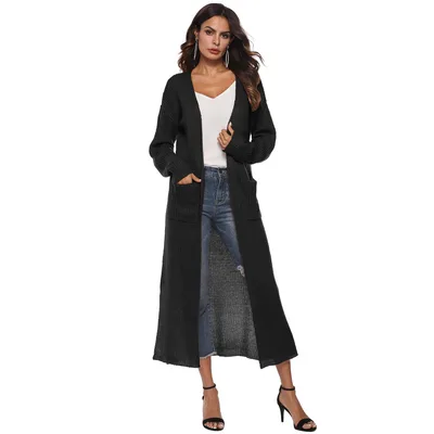 Autumn And Winter New Europe And America Cross Border Women's Long sleeved Sweater Solid Color Cardigan Dress Split Dress Female A8019 Black - Shop at LoveMi