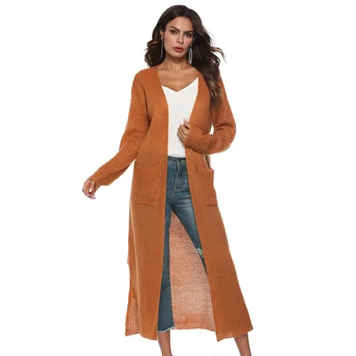 Autumn And Winter New Europe And America Cross Border Women's Long sleeved Sweater Solid Color Cardigan Dress Split Dress Female A8019 Earthy Yellow - Shop at LoveMi