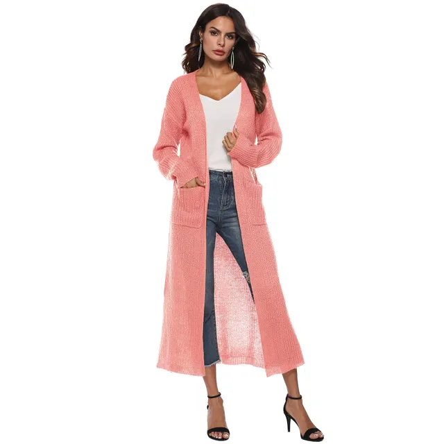 Autumn And Winter New Europe And America Cross Border Women's Long sleeved Sweater Solid Color Cardigan Dress Split Dress Female A8019 Pink - Shop at LoveMi