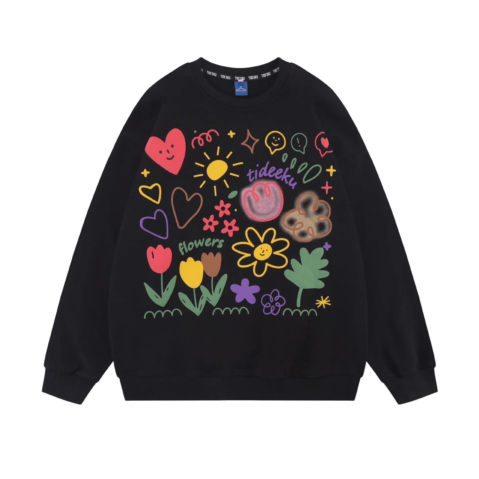 American Tide Brand Round Neck Loose Top Ins Couples Niche Floral Print Sweatshirt - Black