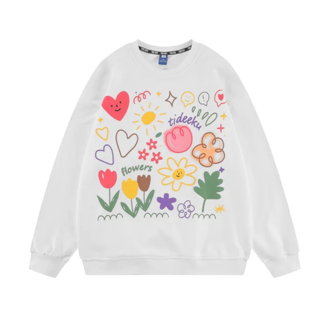 American Tide Brand Round Neck Loose Top Ins Couples Niche Floral Print Sweatshirt White - Shop at LoveMi