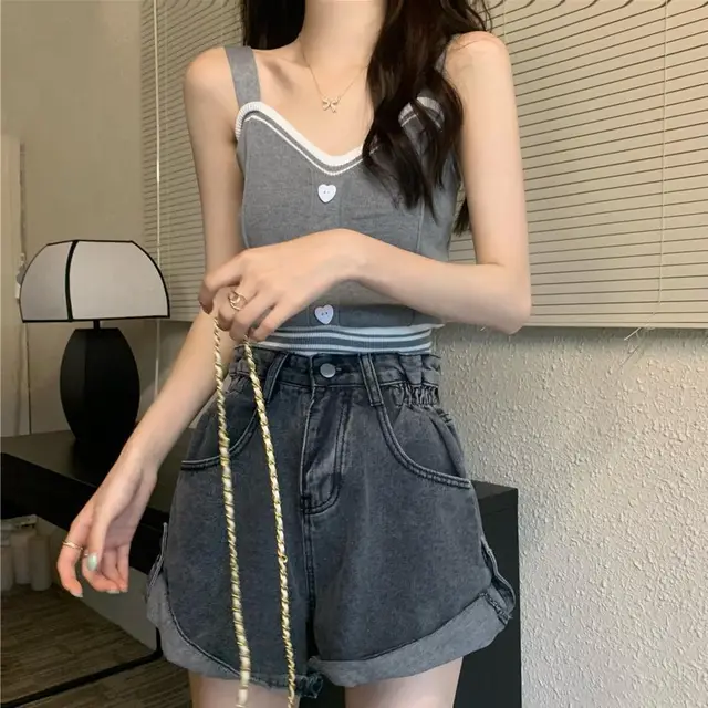 Off shelf Senior Schoolmate Sweet And Spicy V neck Knitted Vest Women's Inner Wear Summer Design Sense Niche Short Sling Tops Outerwear Gray - Shop at LoveMi