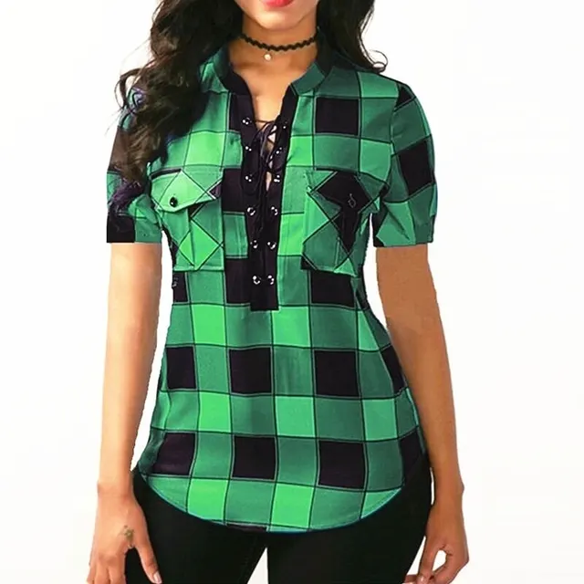 Summer Women's Lace up Short sleeved Plaid Shirt Green - Shop at LoveMi