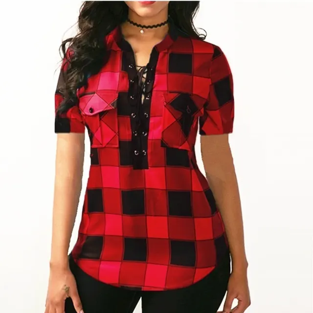 Summer Women's Lace up Short sleeved Plaid Shirt Red - Shop at LoveMi