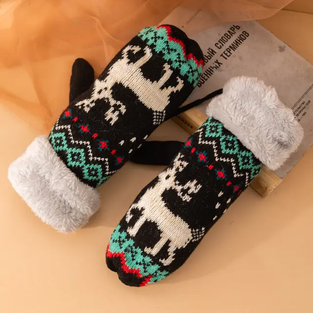 Finger Gloves Women's Winter Student Cartoon Bag Finger Knitted Wool Halter Fleece Lined Padded Warm Keeping Riding Black - Shop at LoveMi