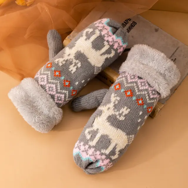 Finger Gloves Women's Winter Student Cartoon Bag Finger Knitted Wool Halter Fleece Lined Padded Warm Keeping Riding Gray - Shop at LoveMi