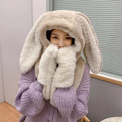 Women's Fashion Cute Rabbit Ears Plush Hat Scarf Gloves One Three Pieces Set Apricot - Shop at LoveMi
