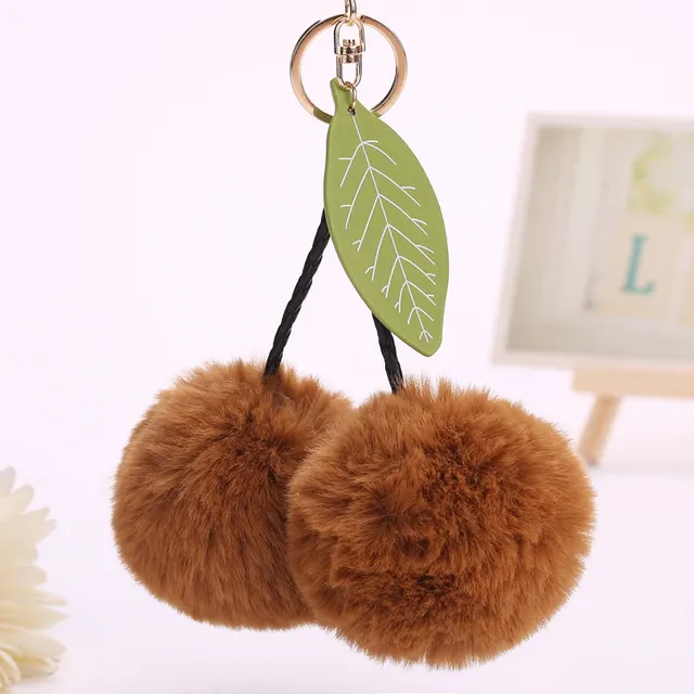 Cute Cherry Leaves Handbag Pendant Fruit Hair Ball Keychain Coffee - Shop at LoveMi