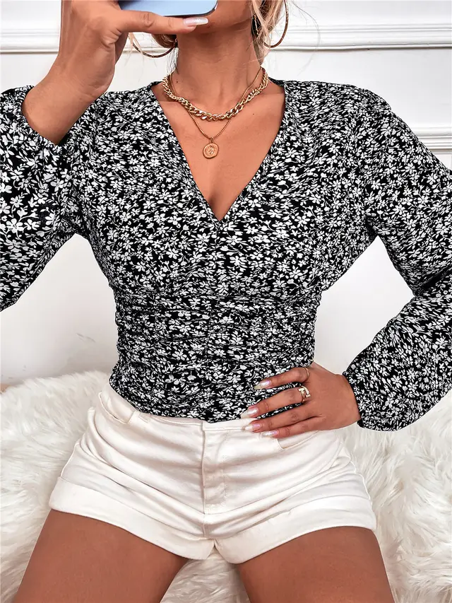 Long Sleeve V Neck Floral Top T Shirt Women Black - Shop at LoveMi