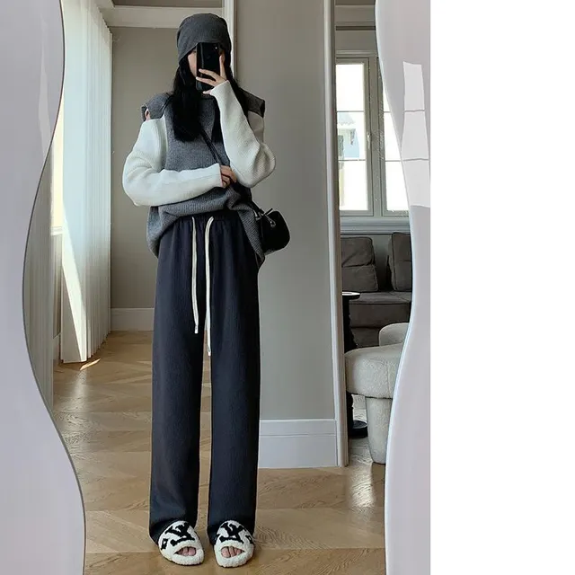 New Corduroy Pants Wide leg Winter Slim Fit Women's Fleece lined Thickened Casual Pants Gray Without Velvet - Shop at LoveMi