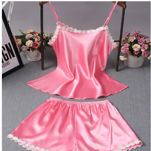 Silk Suspenders Women's Pajamas Sleeveless Shorts Homewear Suits Pink - Shop at LoveMi